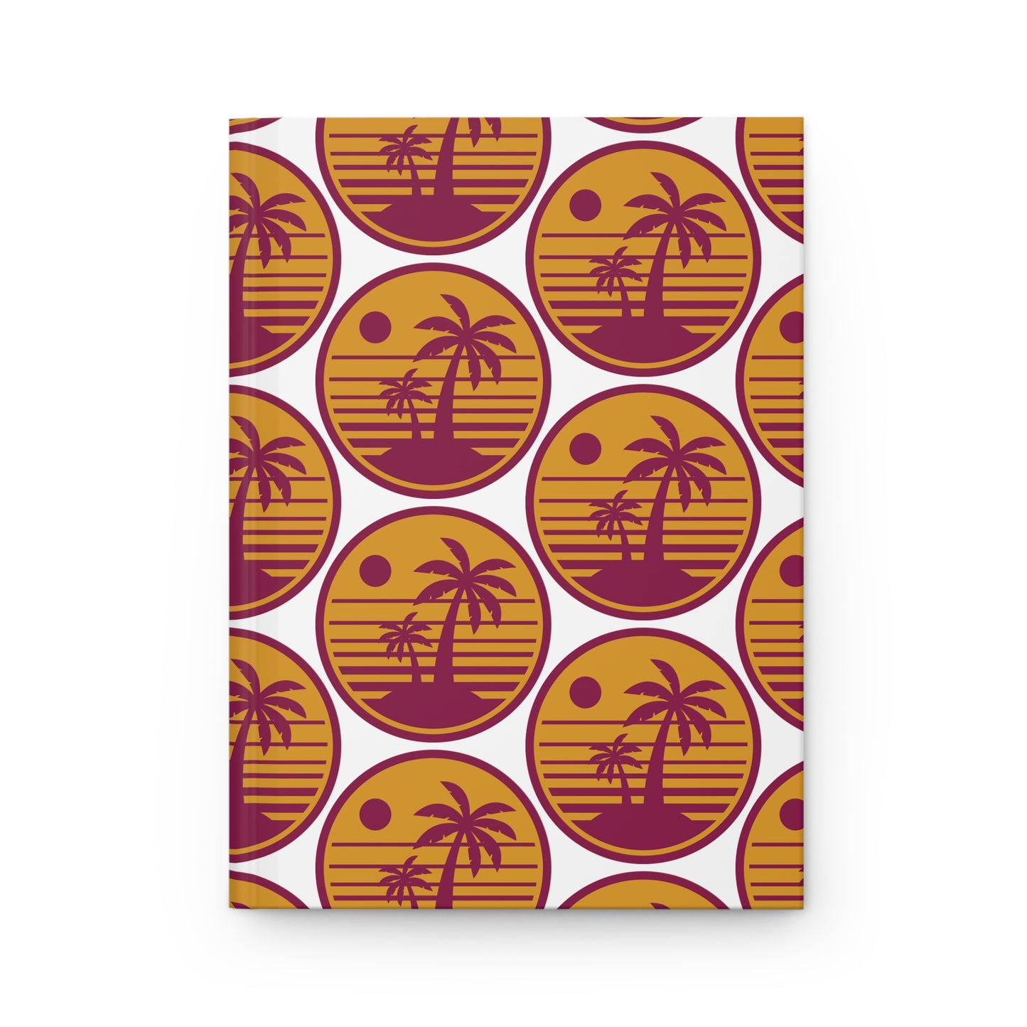 Hardcover journal with retro palm tree circle pattern in maroon and gold on white.