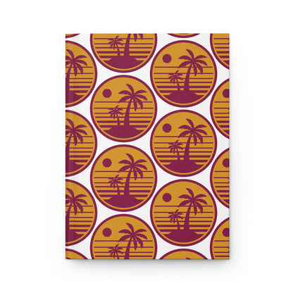 Hardcover journal with retro palm tree circle pattern in maroon and gold on white.
