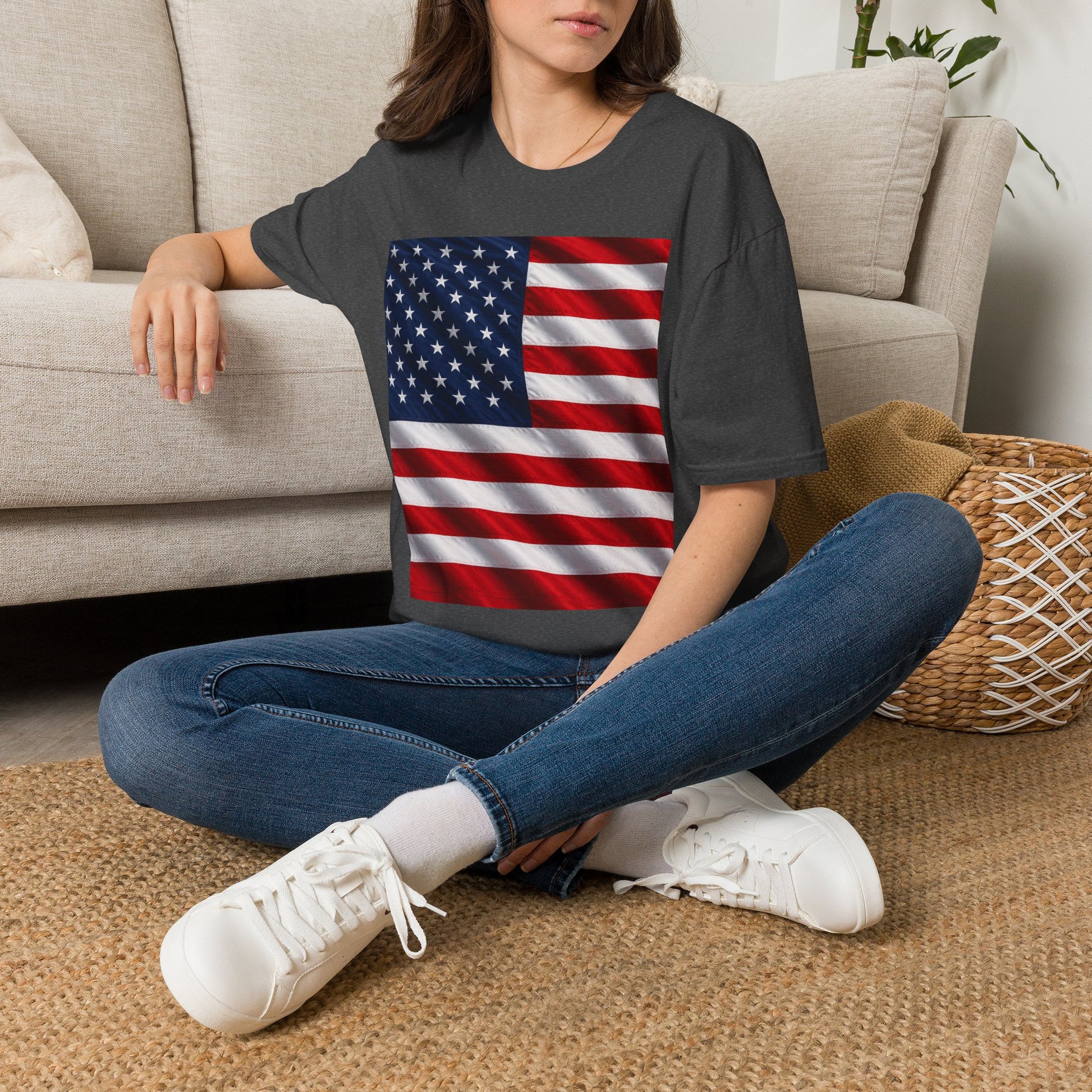 Dark heather graphic T-shirt with American flag print on the front, crew neck