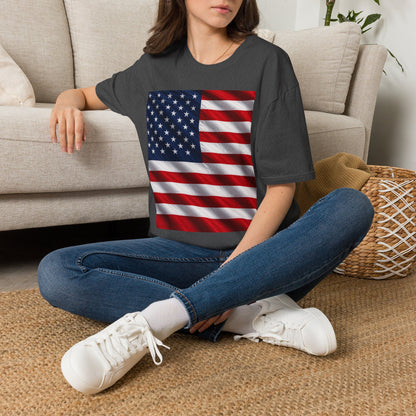 Dark heather graphic T-shirt with American flag print on the front, crew neck