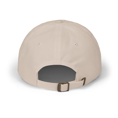 Khaki dad cap with adjustable strap and dark inner opening on the front