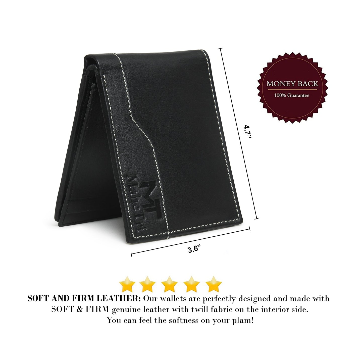 Black bi-fold leather wallet with contrast stitching on the front panel.