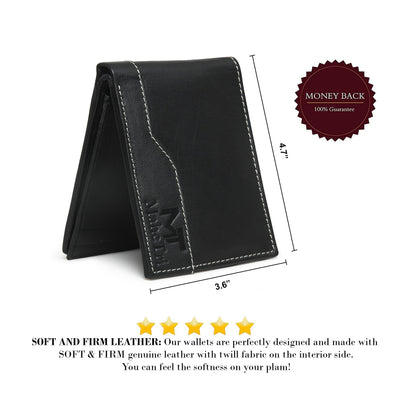 Black bi-fold leather wallet with contrast stitching on the front panel.
