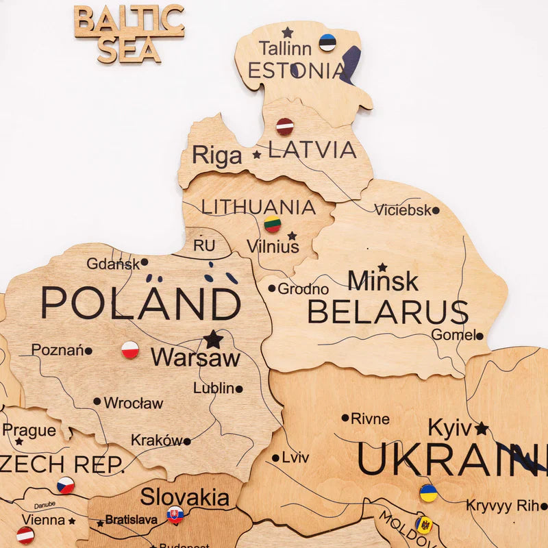 3D Europe wooden map close-up with country labels and borders