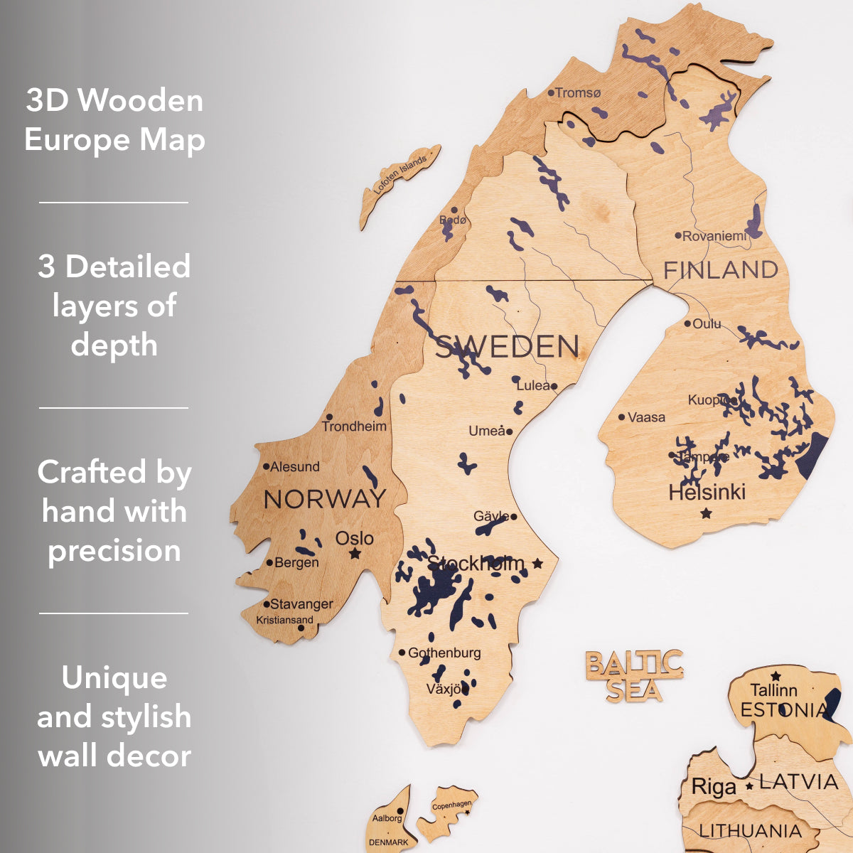 3D Europe wooden map with stacked layers and country labels