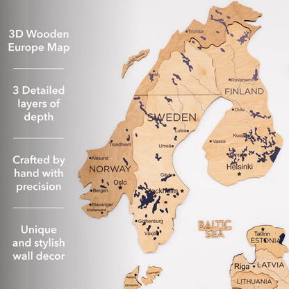 3D Europe wooden map with stacked layers and country labels