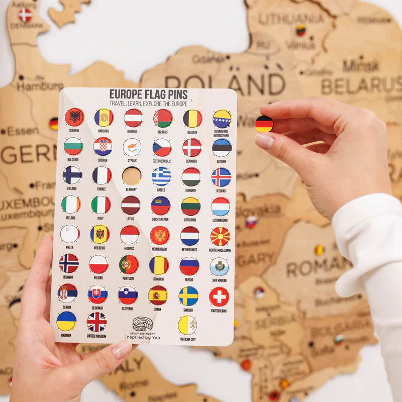 Europe flag pins card with multiple country flag icons