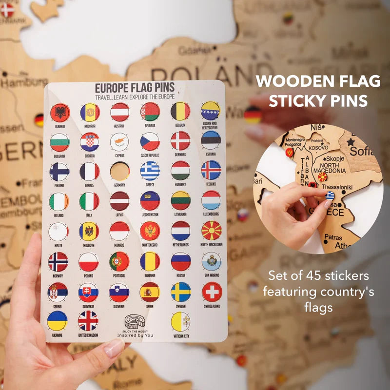 Wooden flag sticky pins set with country flag sticker sheet