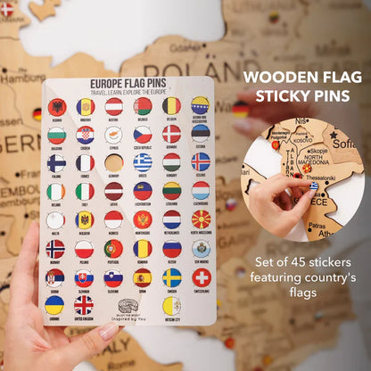 Wooden flag sticky pins set with country flag sticker sheet