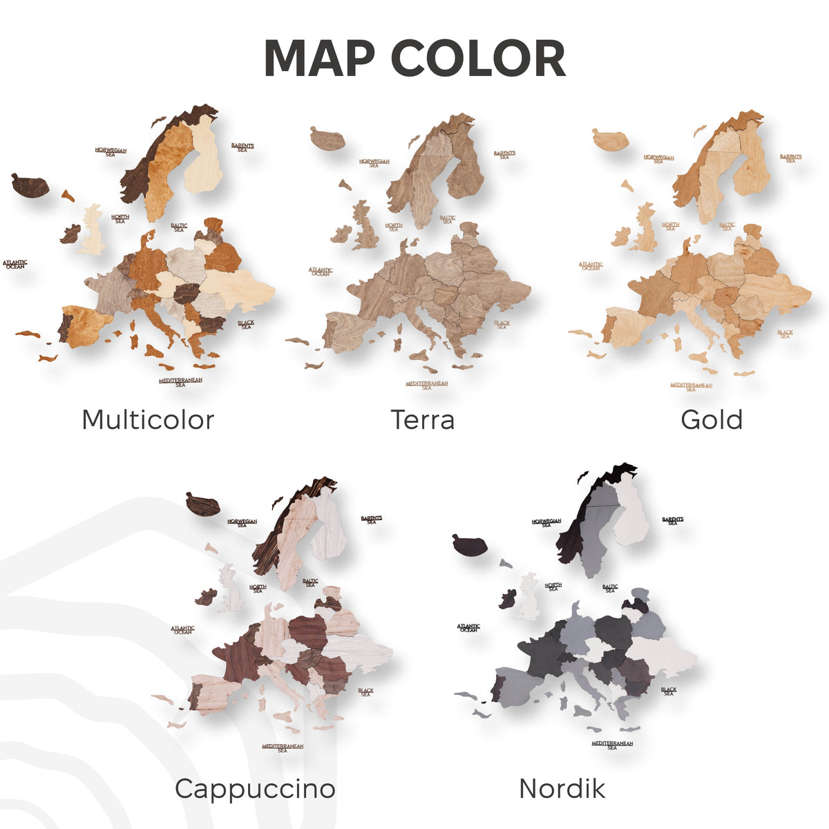 Wooden Europe map in multicolor wood tones, showing several finish options