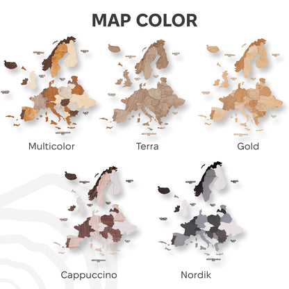 Wooden Europe map in multicolor wood tones, showing several finish options