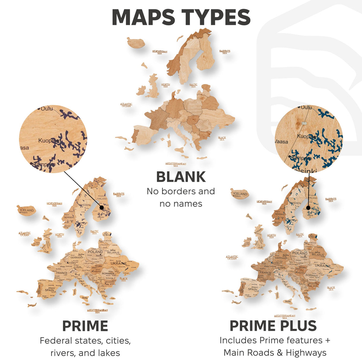 Wooden Europe map set showing blank, prime, and prime plus layout options