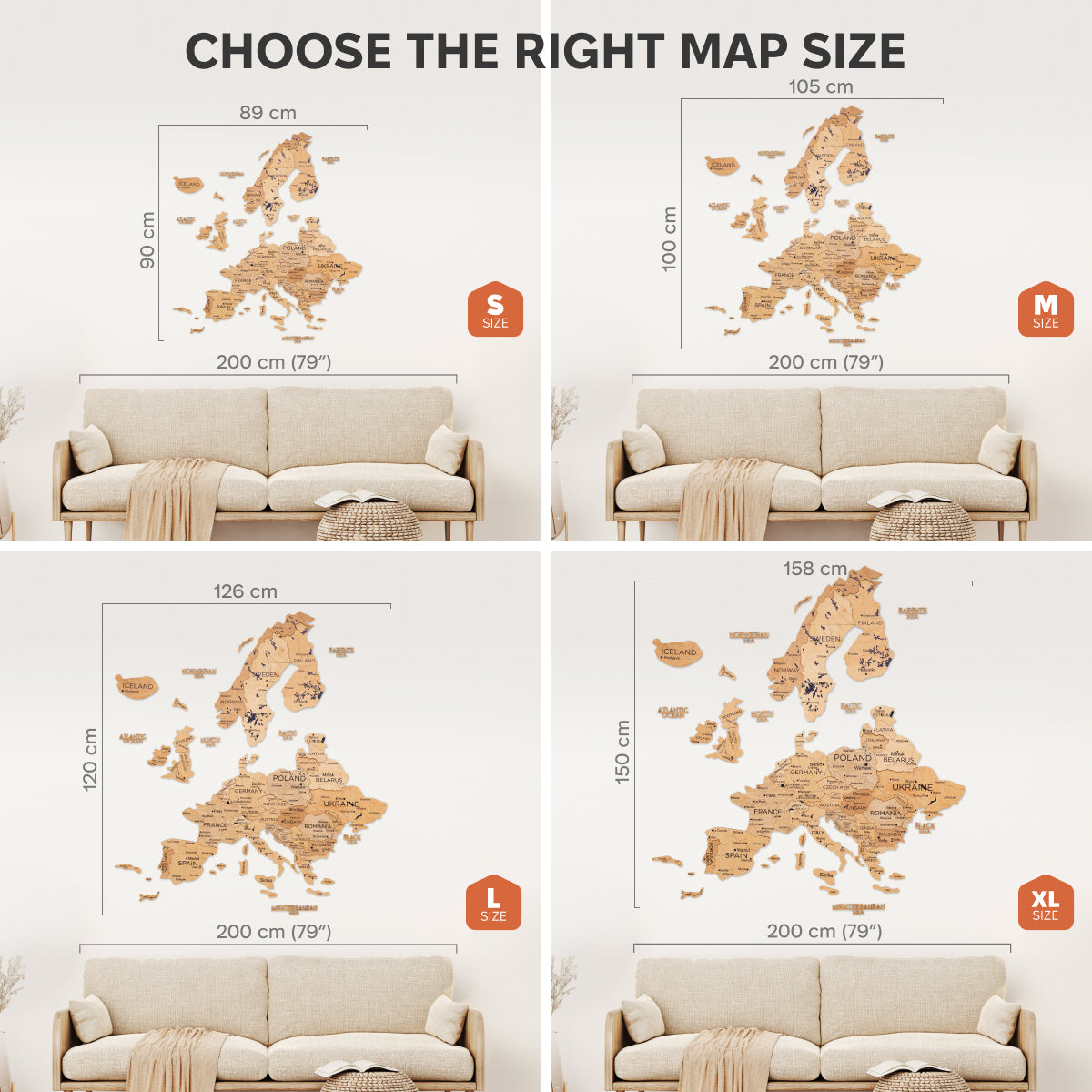 Wooden Europe wall map sizes S, M, L, and XL with scale measurements