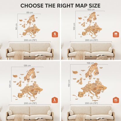 Wooden Europe wall map sizes S, M, L, and XL with scale measurements