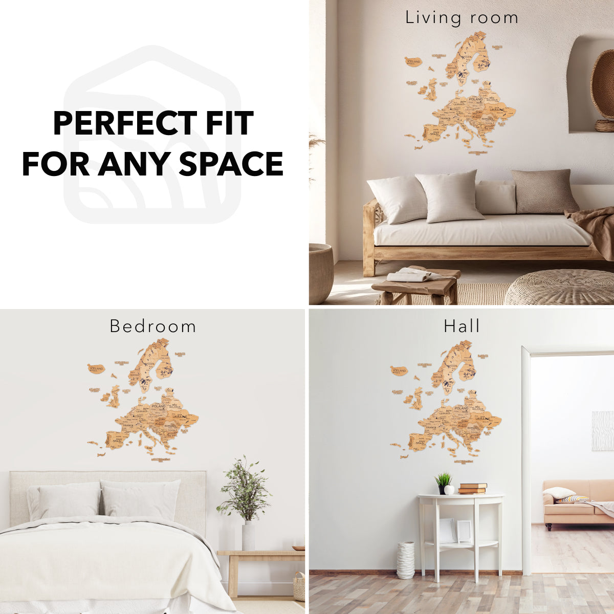 Wooden Europe wall map decor placed above sofas and beds in living room scenes