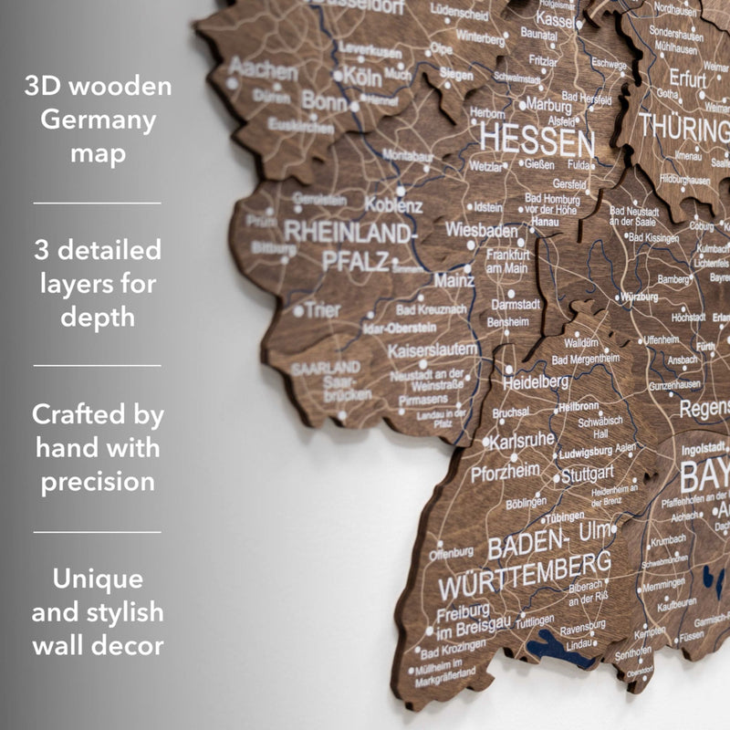 3D Germany Wooden Map Dark Walnut - Renee Lane Company