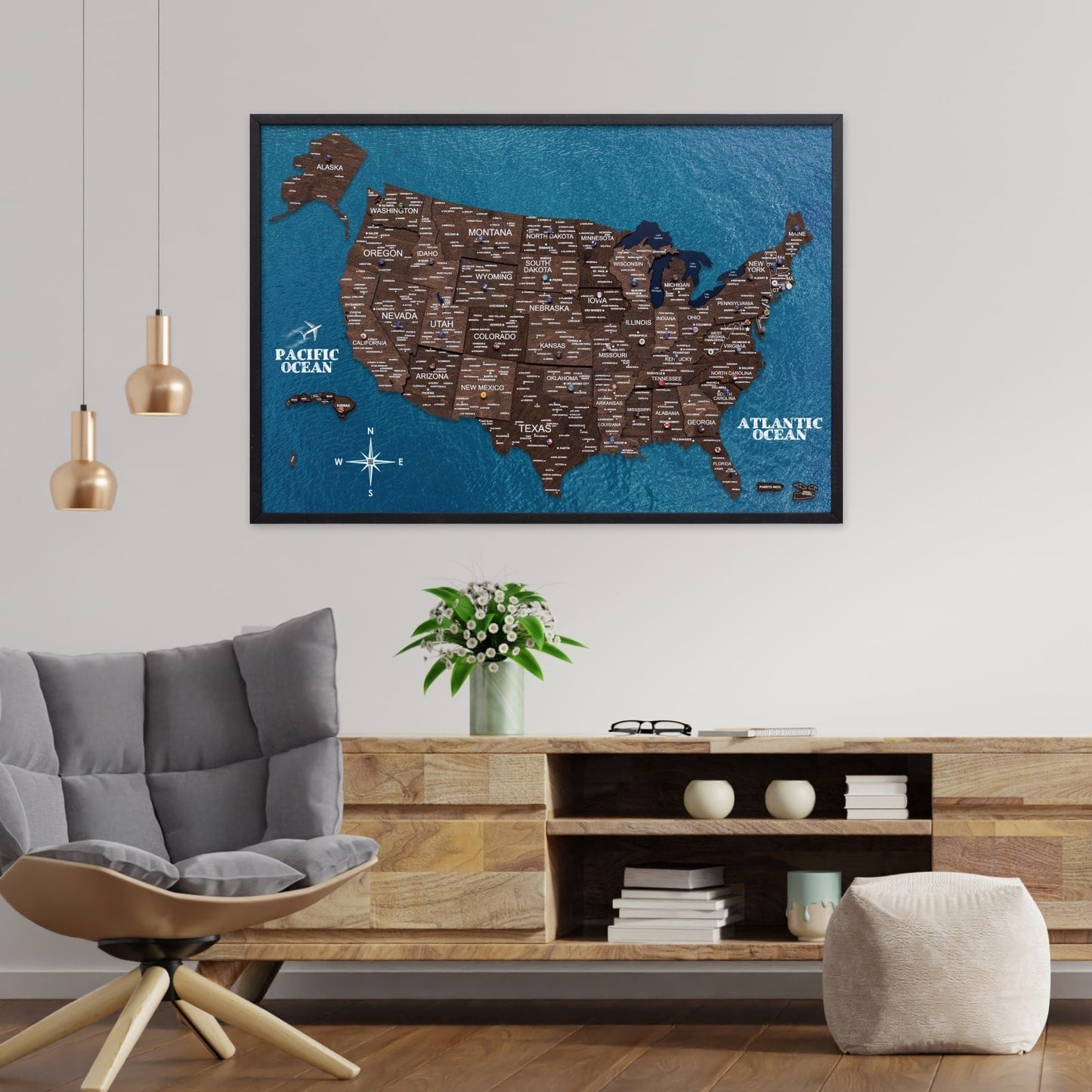 3D Wooden USA Map on Board Dark Walnut - Renee Lane Company