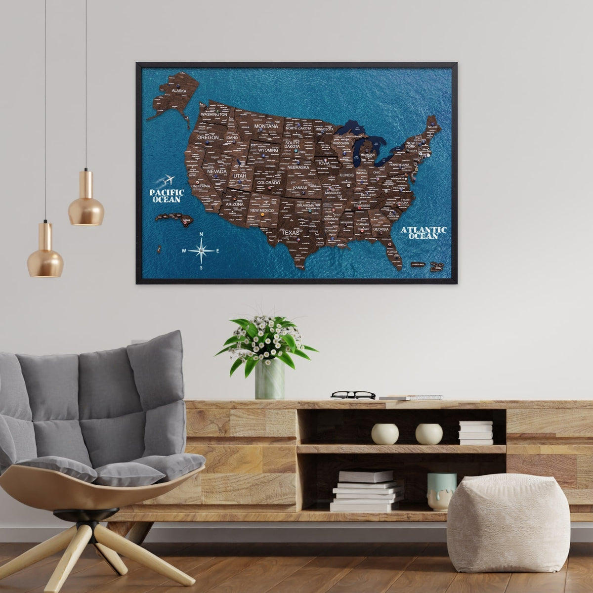 Framed 3D wooden USA map on dark walnut board with blue ocean backing