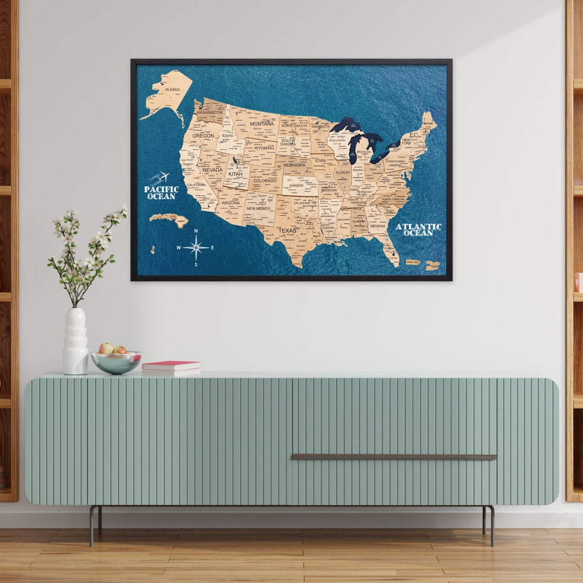 USA map wall art board with blue ocean background and raised beige state map in frame