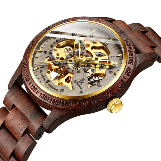 Men’s mechanical wooden watch with brown strap and gold-toned open-heart dial