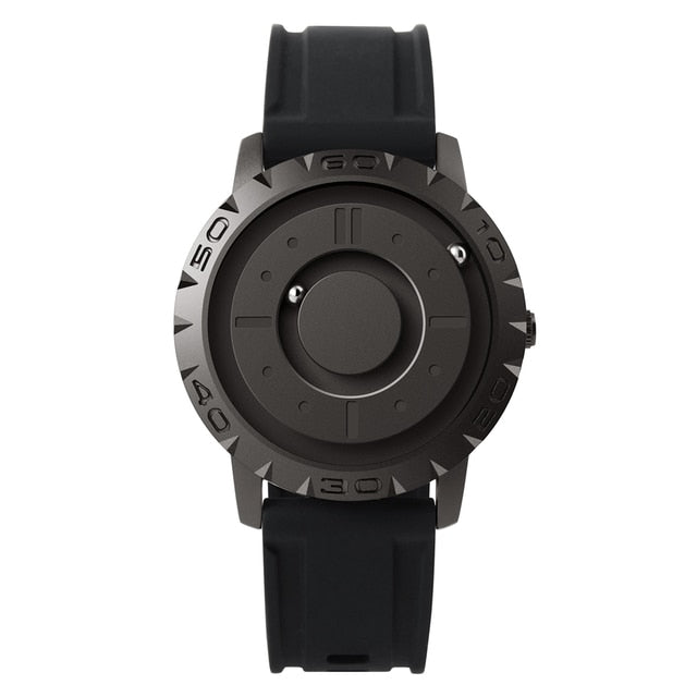 Men’s magnetic pointer watch with all-black design, black strap, and circular dial window