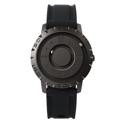 Men’s magnetic pointer watch with all-black design, black strap, and circular dial window