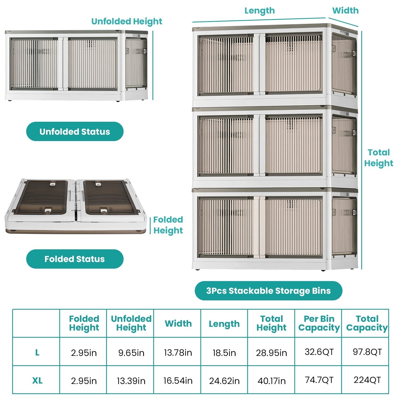 3Pcs Foldable Storage Bins with Lid 4 Doors Collapsible Stackable Closet Organizer Containers with Lock 4Pcs Wheels - Renee Lane Company