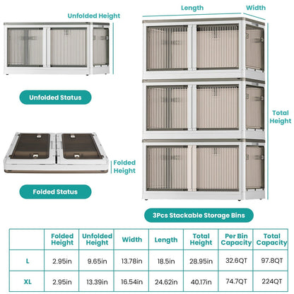 3Pcs Foldable Storage Bins with Lid 4 Doors Collapsible Stackable Closet Organizer Containers with Lock 4Pcs Wheels - Renee Lane Company