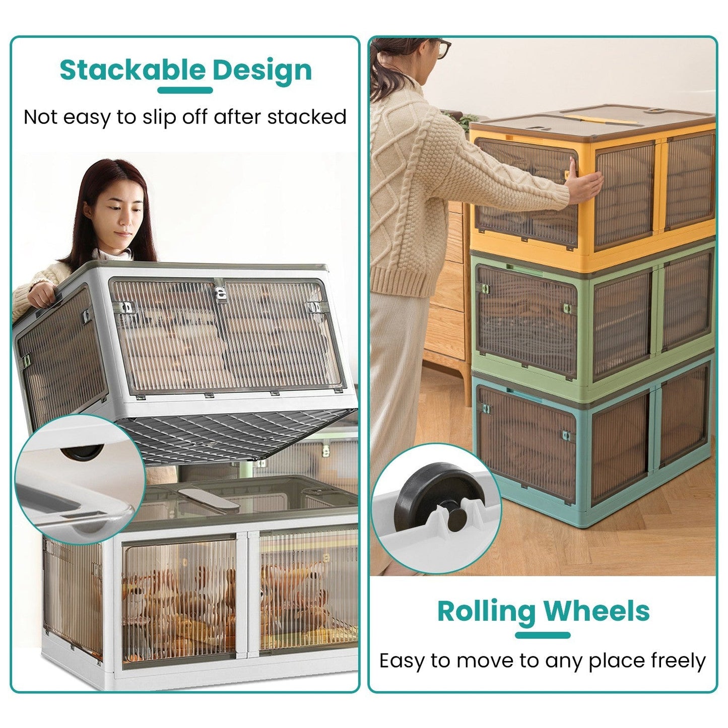 3Pcs Foldable Storage Bins with Lid 4 Doors Collapsible Stackable Closet Organizer Containers with Lock 4Pcs Wheels - Renee Lane Company