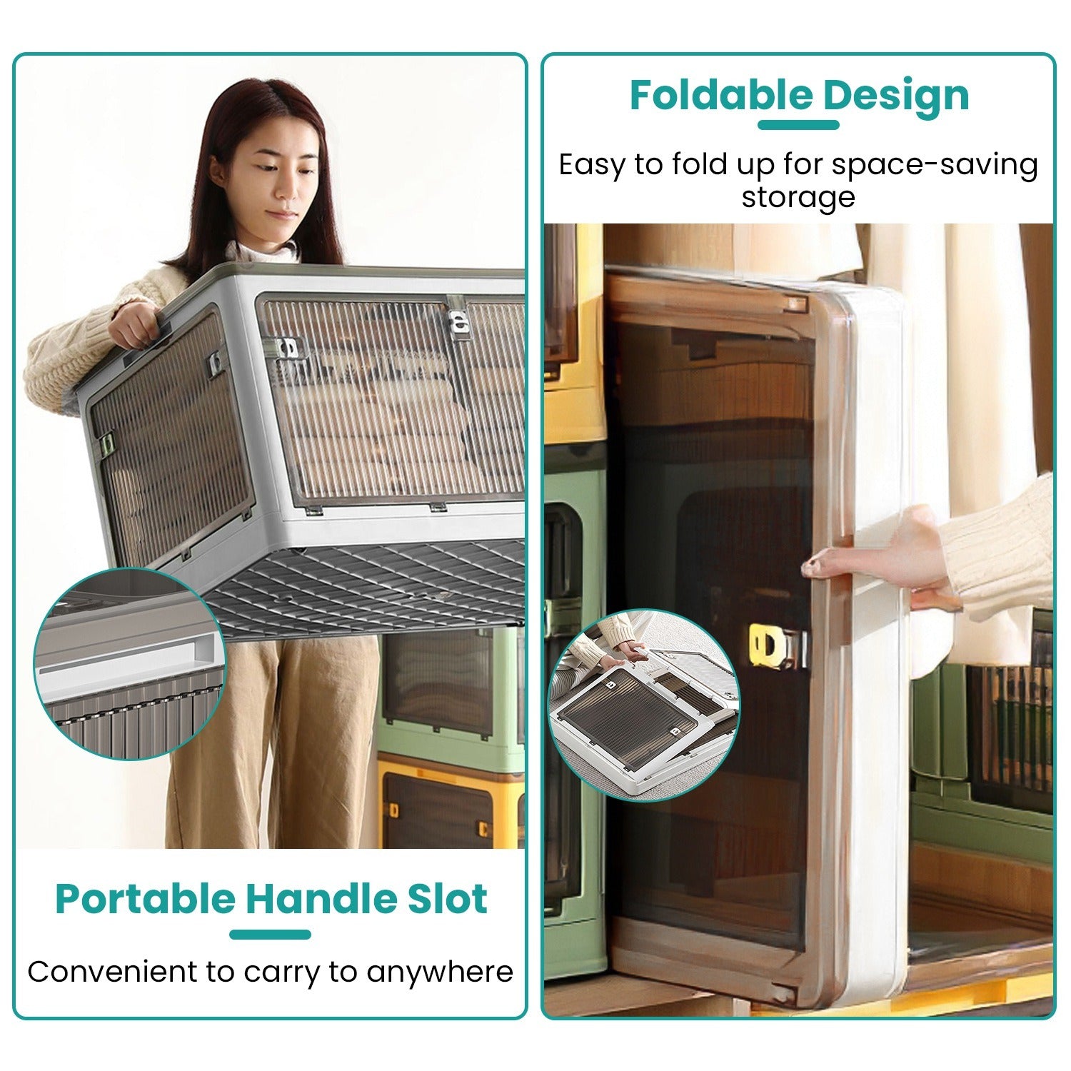 3Pcs Foldable Storage Bins with Lid 4 Doors Collapsible Stackable Closet Organizer Containers with Lock 4Pcs Wheels - Renee Lane Company