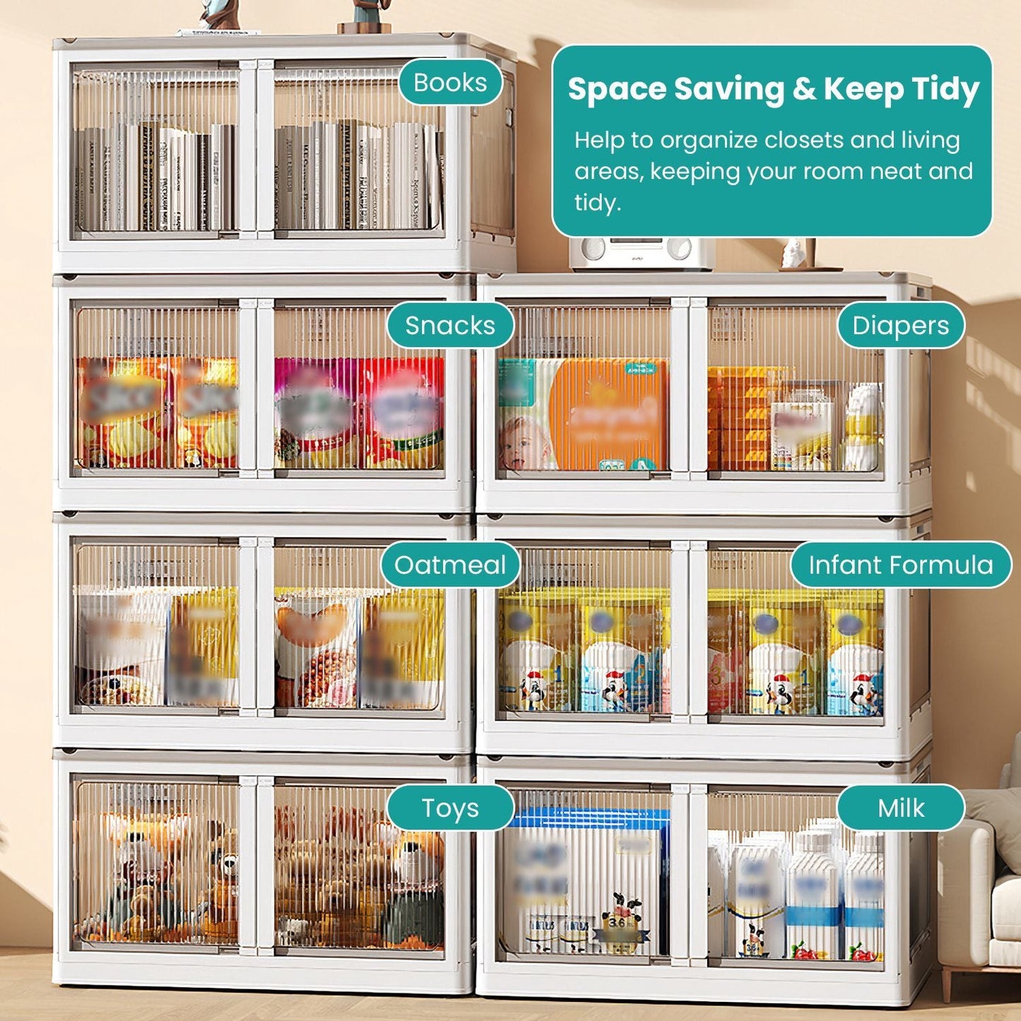 3Pcs Foldable Storage Bins with Lid 4 Doors Collapsible Stackable Closet Organizer Containers with Lock 4Pcs Wheels - Renee Lane Company
