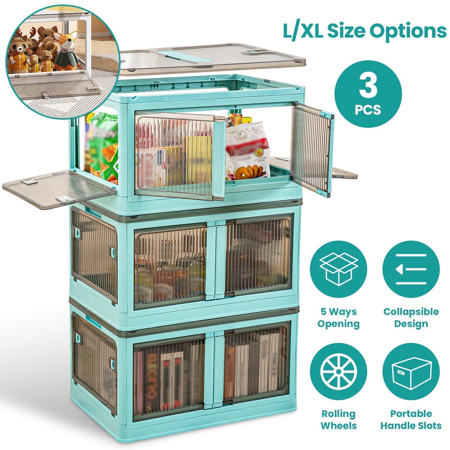 3Pcs Foldable Storage Bins with Lid 4 Doors Collapsible Stackable Closet Organizer Containers with Lock 4Pcs Wheels - Renee Lane Company