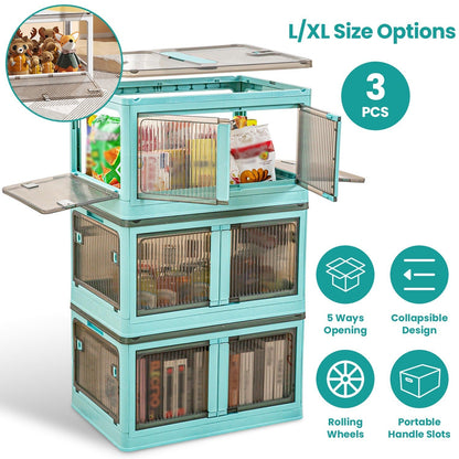 3Pcs Foldable Storage Bins with Lid 4 Doors Collapsible Stackable Closet Organizer Containers with Lock 4Pcs Wheels - Renee Lane Company