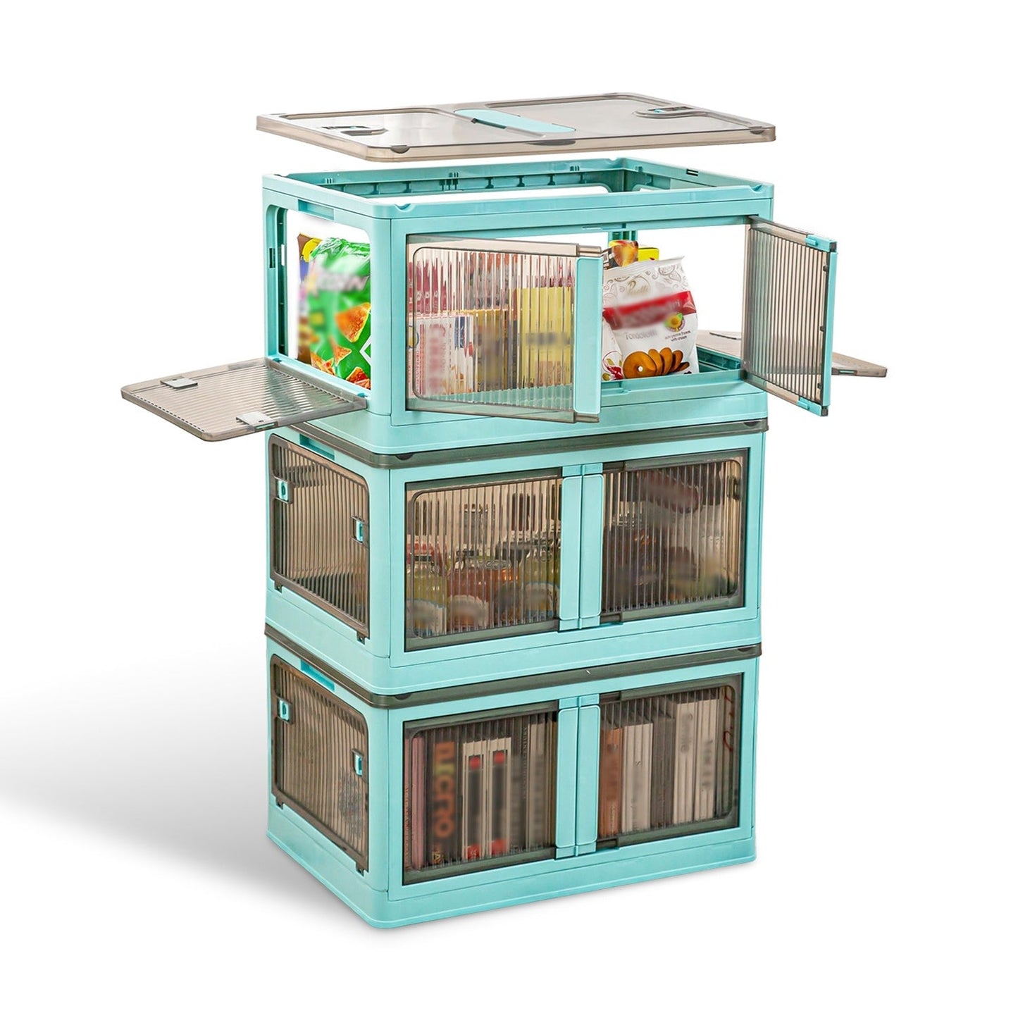 3Pcs Foldable Storage Bins with Lid 4 Doors Collapsible Stackable Closet Organizer Containers with Lock 4Pcs Wheels - Renee Lane Company