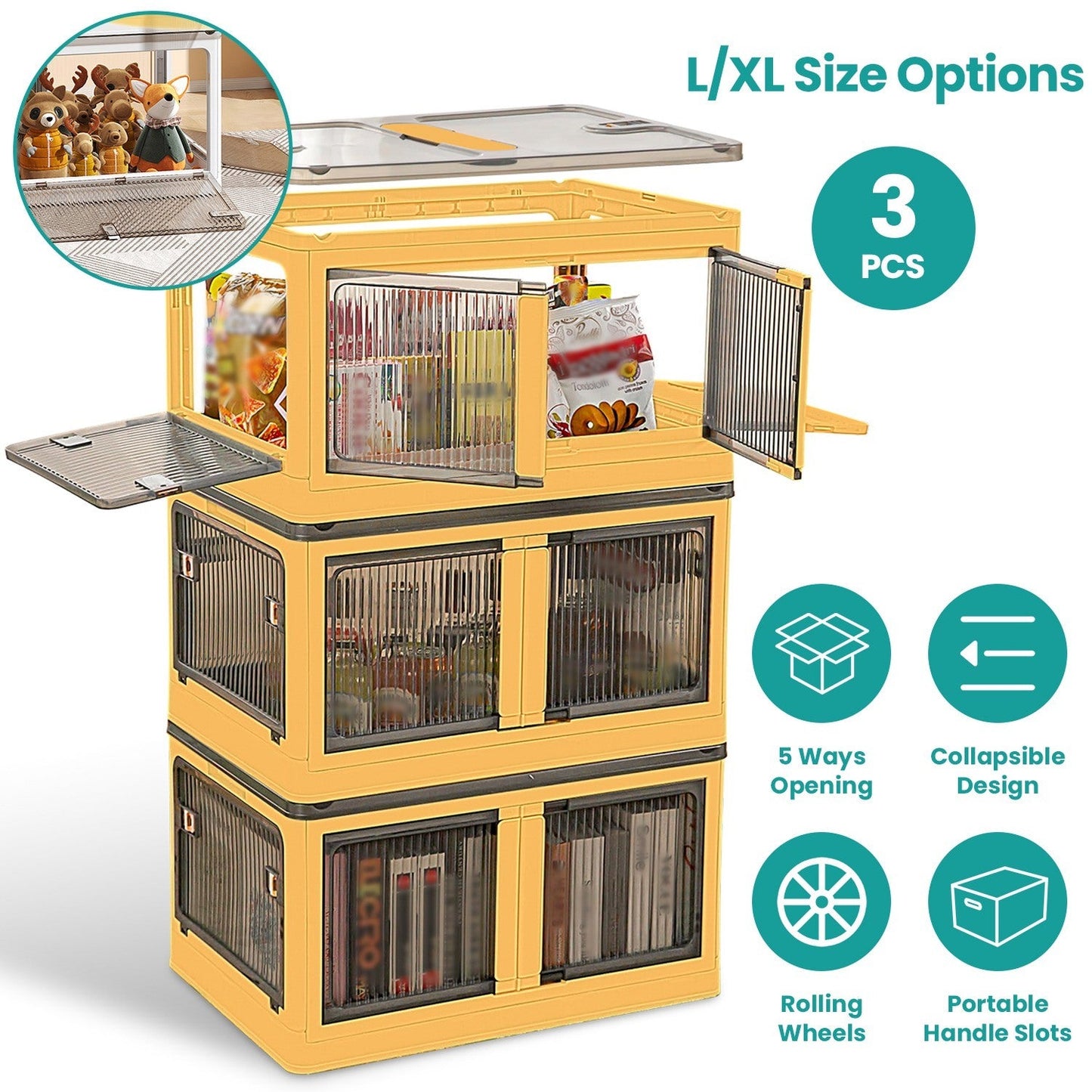 3Pcs Foldable Storage Bins with Lid 4 Doors Collapsible Stackable Closet Organizer Containers with Lock 4Pcs Wheels - Renee Lane Company