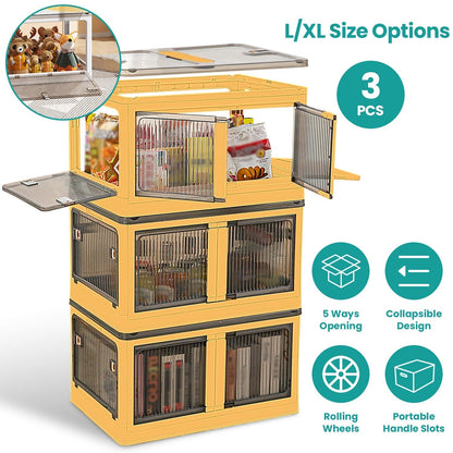 3Pcs Foldable Storage Bins with Lid 4 Doors Collapsible Stackable Closet Organizer Containers with Lock 4Pcs Wheels - Renee Lane Company