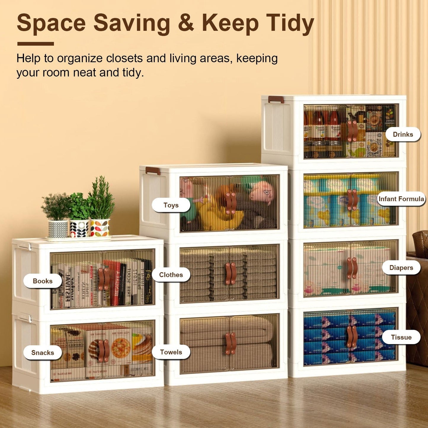 3Pcs Foldable Storage Bins with Lid Front Magnetic Door Collapsible Stackable Closet Organizer Containers with 4Pcs 360° Rotatable Wheels 8Pcs Small Wheels - Renee Lane Company