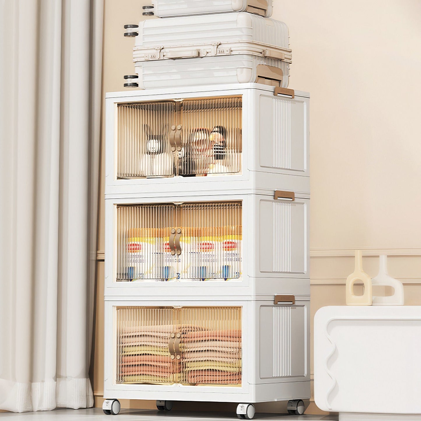 3Pcs Foldable Storage Bins with Lid Front Magnetic Door Collapsible Stackable Closet Organizer Containers with 4Pcs 360° Rotatable Wheels 8Pcs Small Wheels - Renee Lane Company