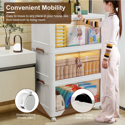 3Pcs Foldable Storage Bins with Lid Front Magnetic Door Collapsible Stackable Closet Organizer Containers with 4Pcs 360° Rotatable Wheels 8Pcs Small Wheels - Renee Lane Company