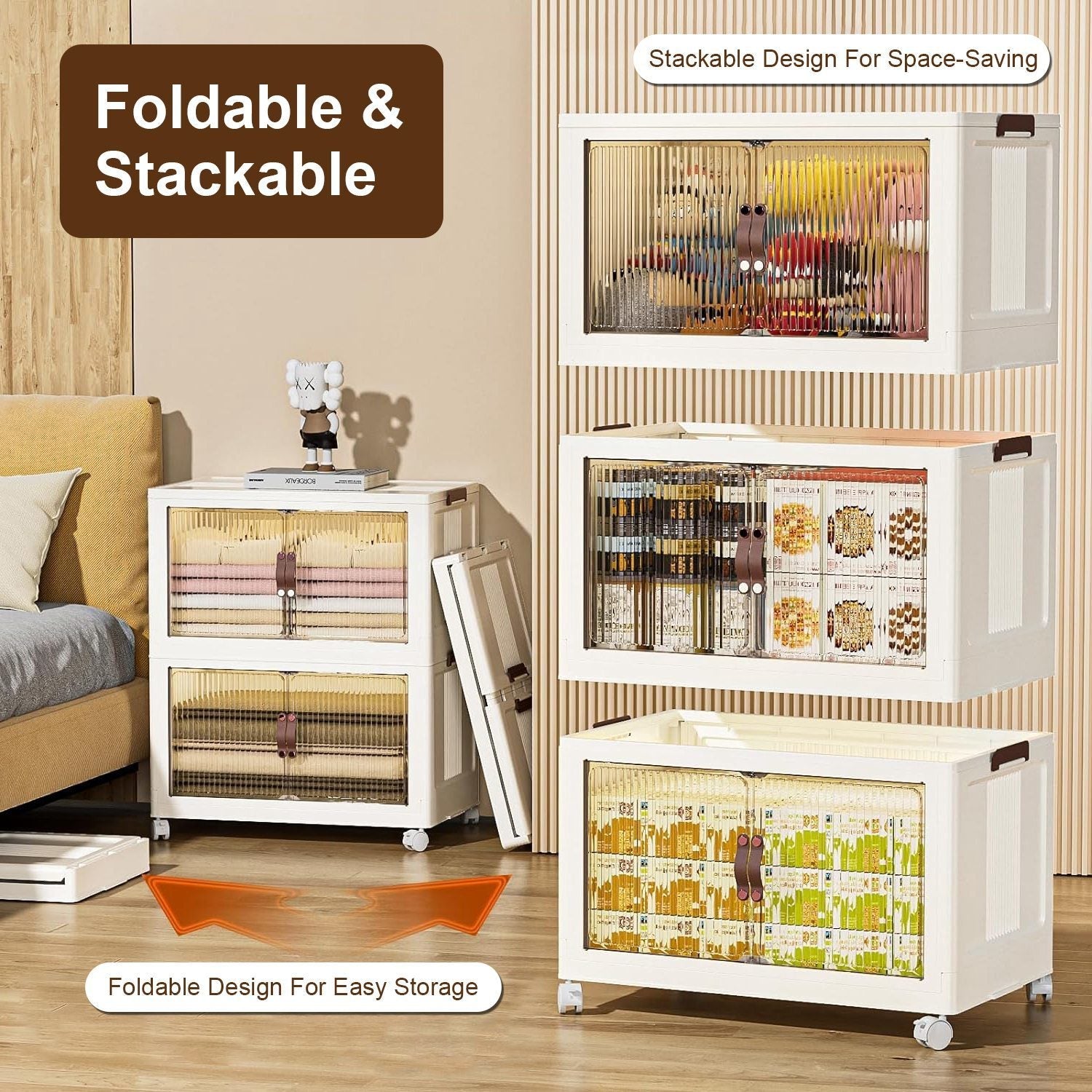 3Pcs Foldable Storage Bins with Lid Front Magnetic Door Collapsible Stackable Closet Organizer Containers with 4Pcs 360° Rotatable Wheels 8Pcs Small Wheels - Renee Lane Company