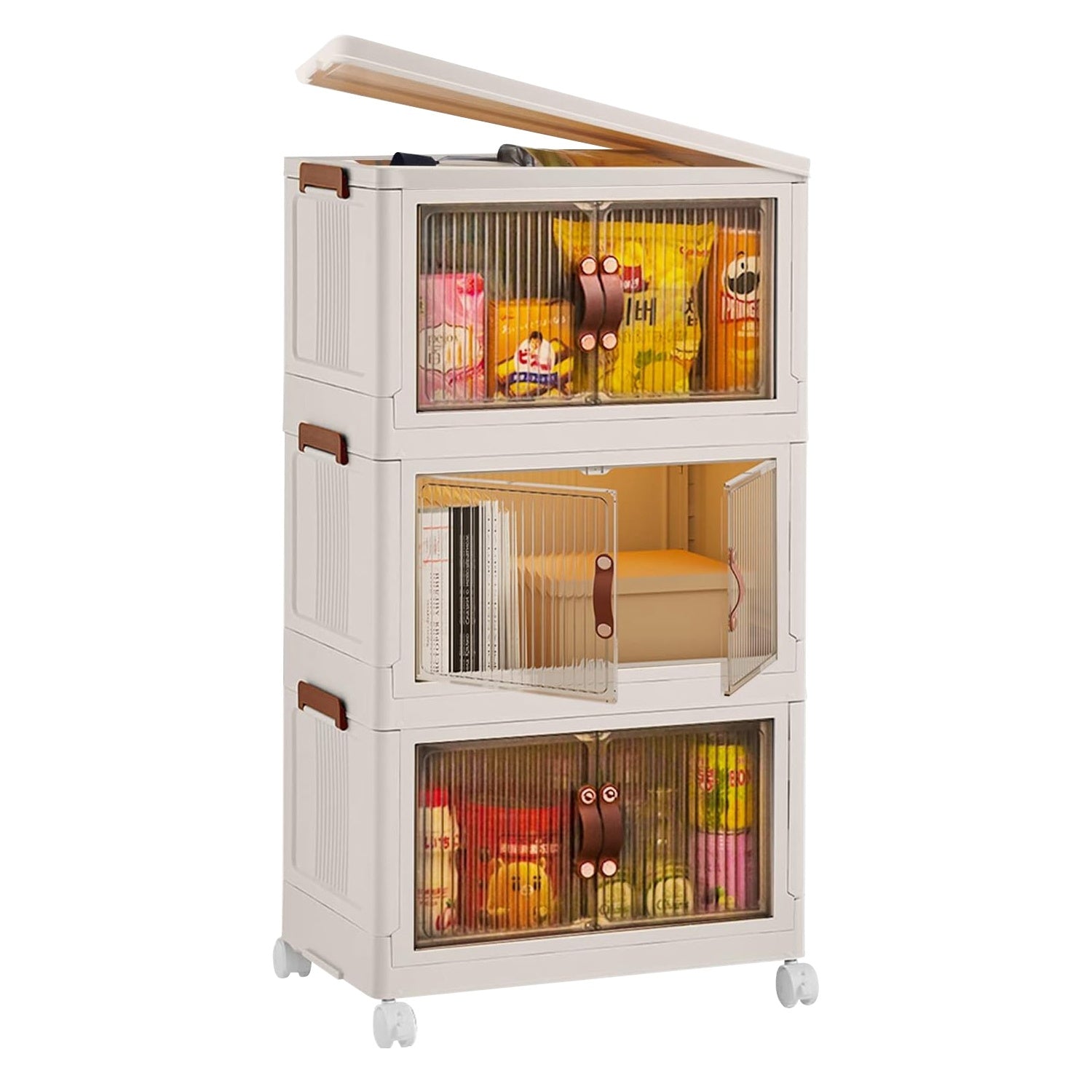 3Pcs Foldable Storage Bins with Lid Front Magnetic Door Collapsible Stackable Closet Organizer Containers with 4Pcs 360° Rotatable Wheels 8Pcs Small Wheels - Renee Lane Company