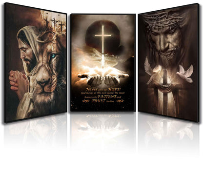 3Pcs Jesus Wall Art Jesus Lion Posters Pictures Christian Paintings Cross Bible Art Canvas Prints Cross And Peace Dove Decor Redemption And God Series for Room Religious Churches Wall Decor Unframed - Renee Lane Company