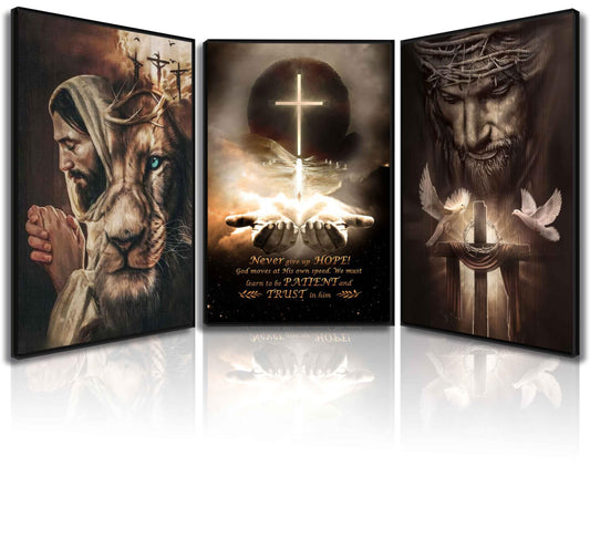 3Pcs Jesus Wall Art Jesus Lion Posters Pictures Christian Paintings Cross Bible Art Canvas Prints Cross And Peace Dove Decor Redemption And God Series for Room Religious Churches Wall Decor Unframed - Renee Lane Company