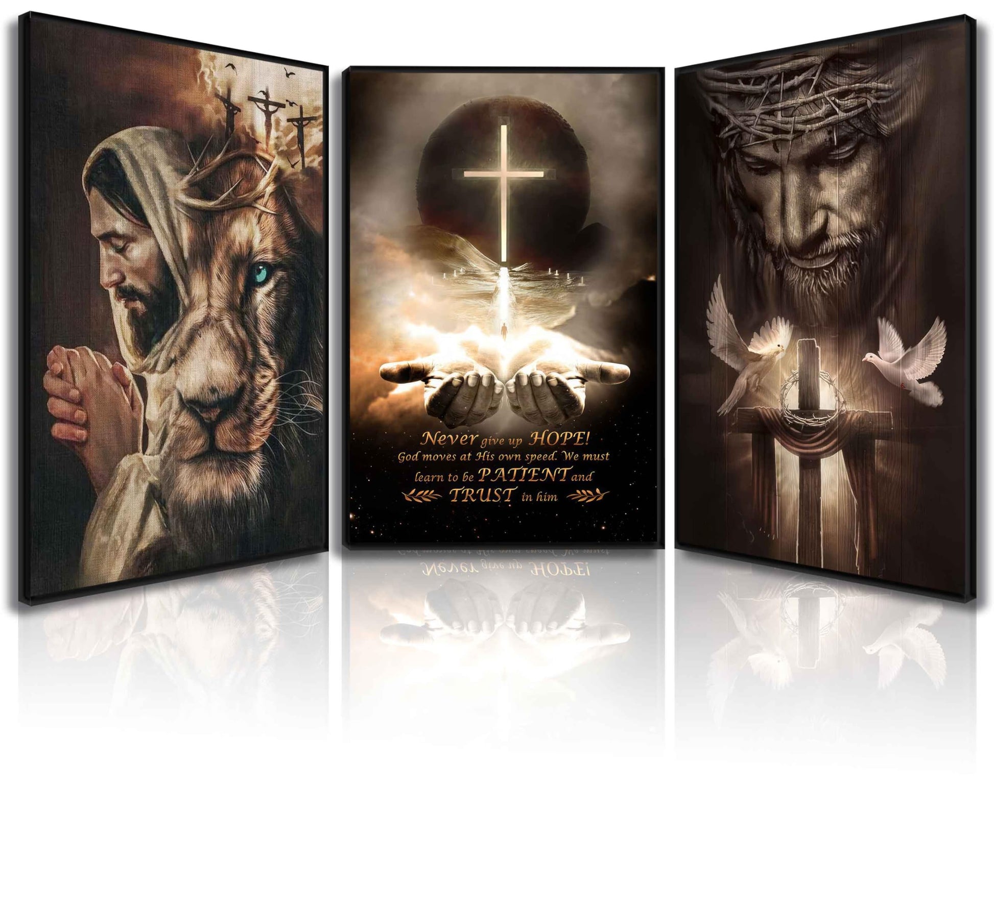 3Pcs Jesus Wall Art Jesus Lion Posters Pictures Christian Paintings Cross Bible Art Canvas Prints Cross And Peace Dove Decor Redemption And God Series for Room Religious Churches Wall Decor Unframed - Renee Lane Company