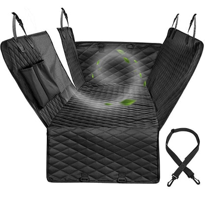 Black quilted dog car seat cover with side pocket and adjustable attachment straps