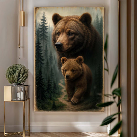 Bear and cub wall art print with forest trees and earthy brown and green tones