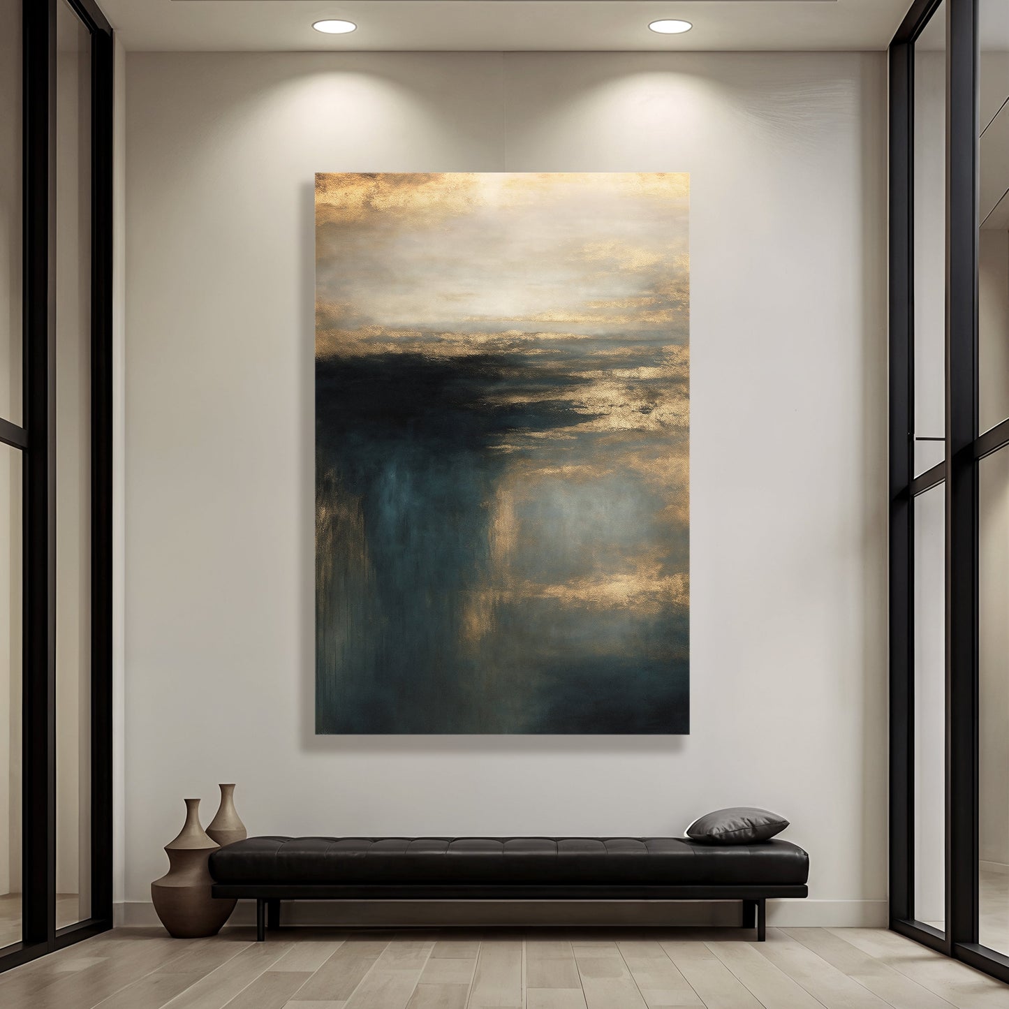Abstract landscape wall art canvas with teal shadows and warm gold sky tones