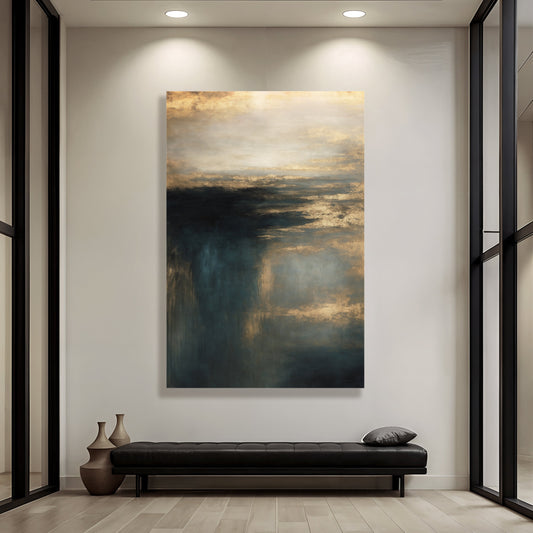 Abstract landscape wall art canvas with teal shadows and warm gold sky tones