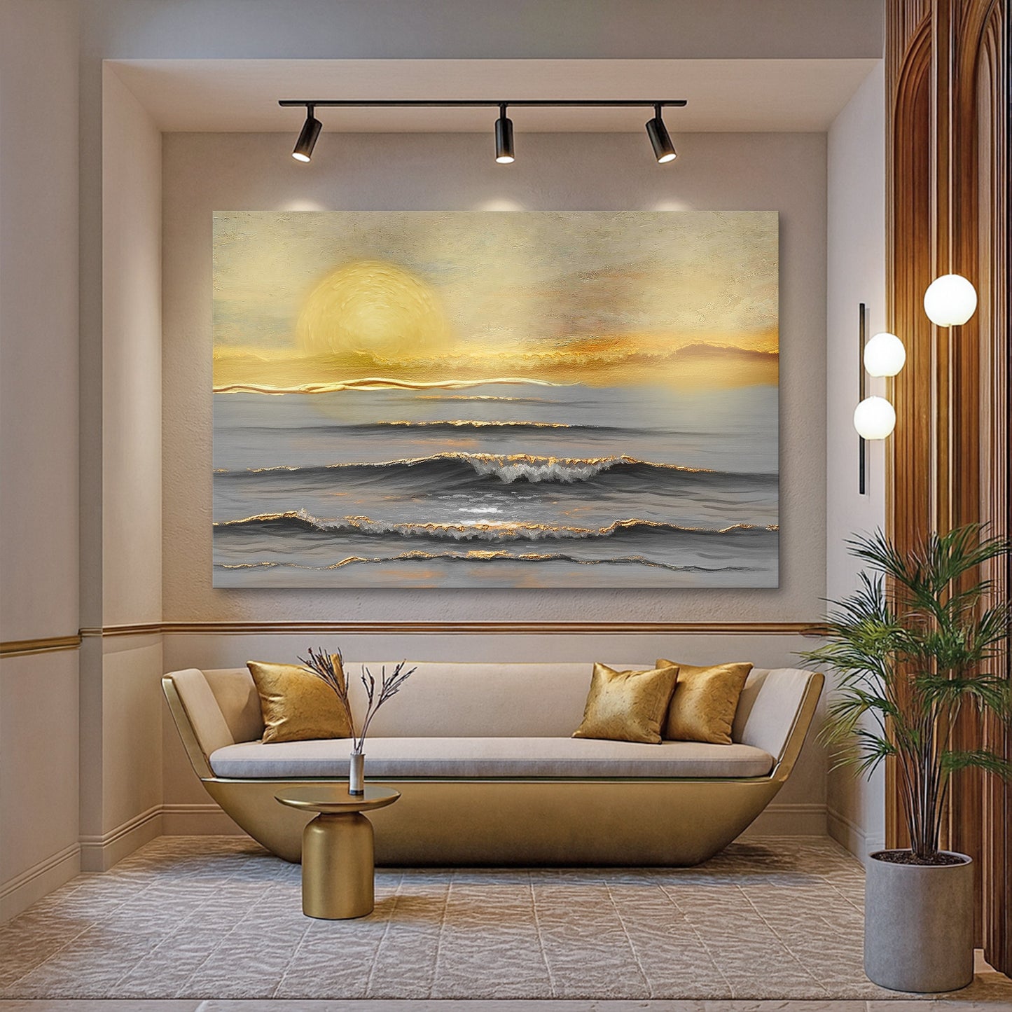 Ocean wall art canvas with glowing sun and rolling gray waves in golden tones