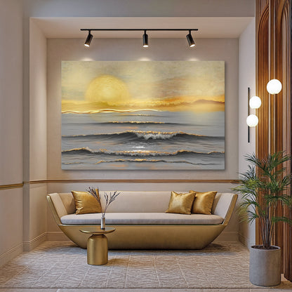 Ocean wall art canvas with glowing sun and rolling gray waves in golden tones